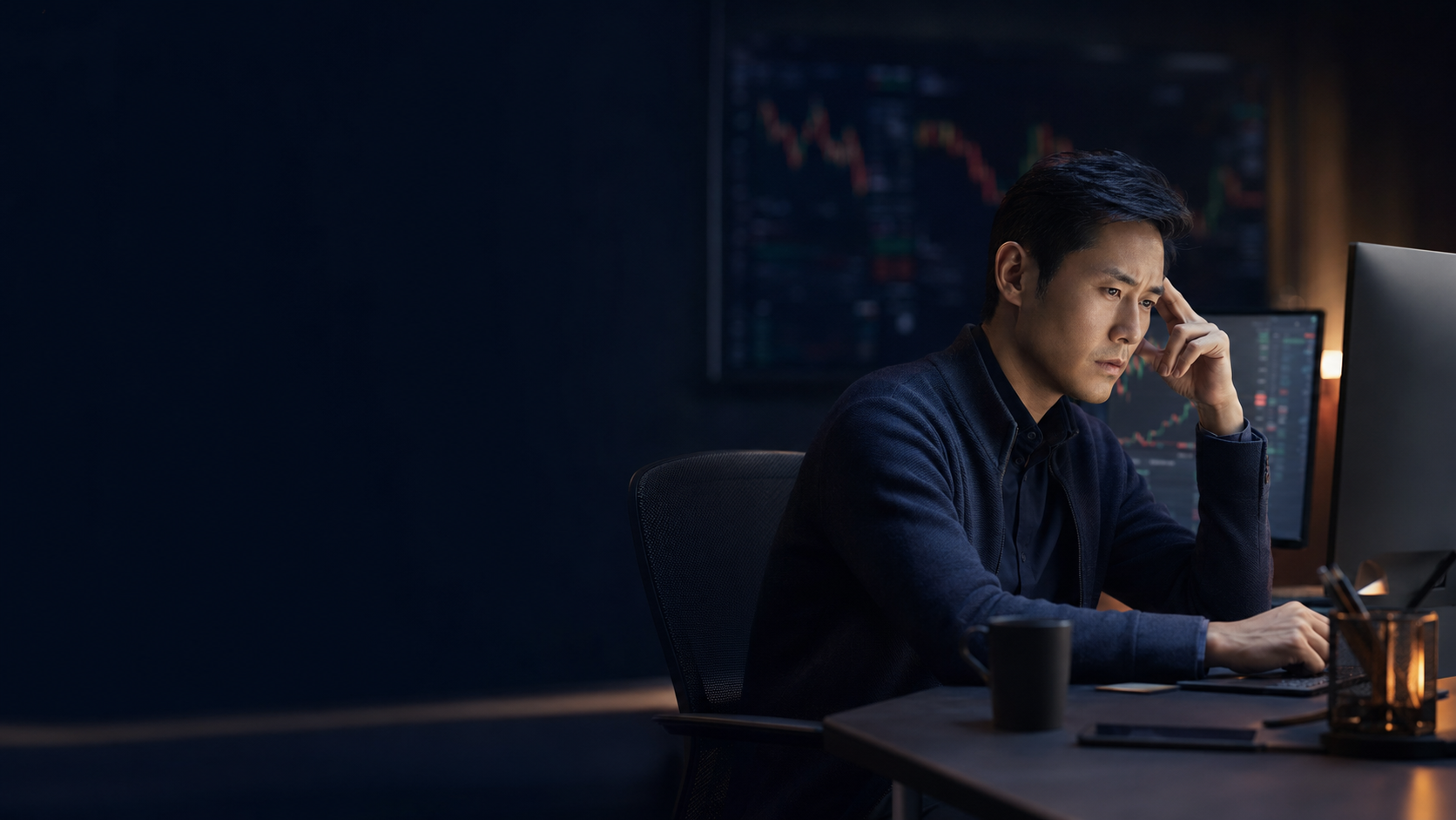 Investor thoughtfully evaluating market risk and investment decisions